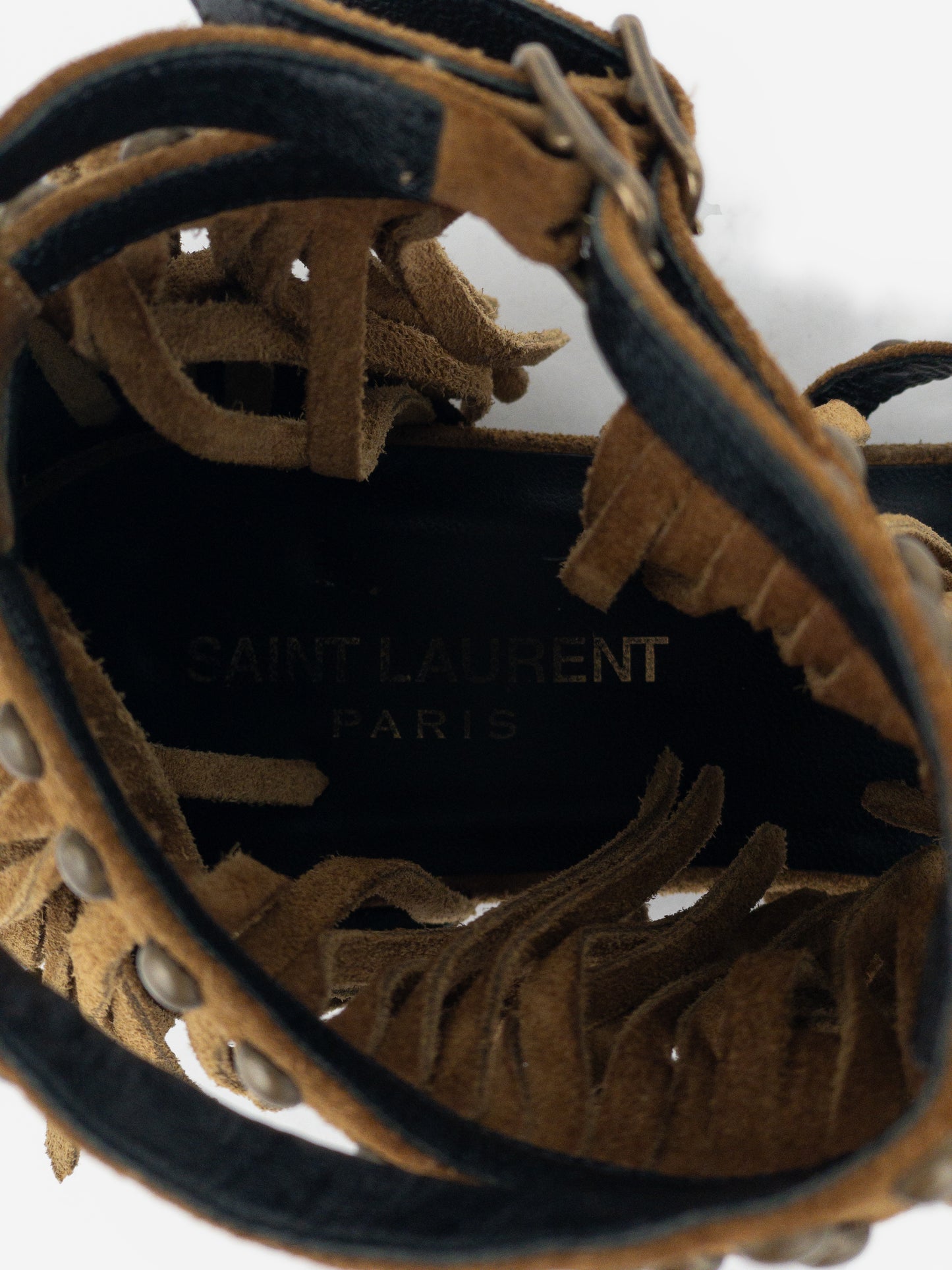 Saint Laurent 2010s Studded Fringe Suede Gladiator Sandals