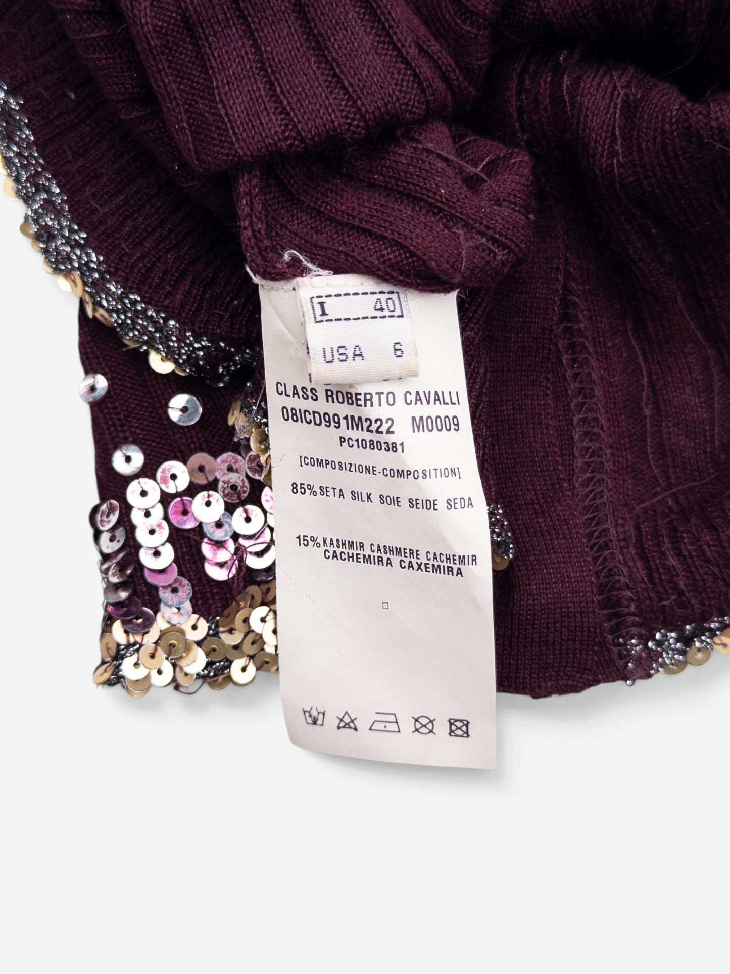 Roberto Cavalli 2000s Rhinestone Button Sequin Knit Cardigan – care and size label