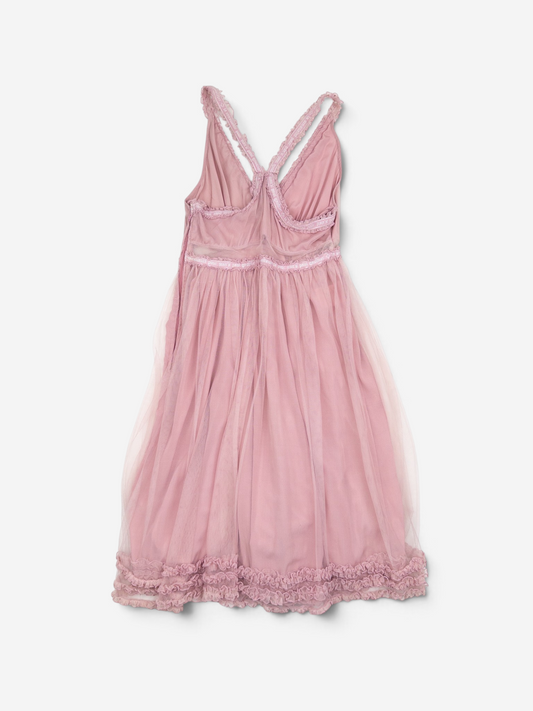 Jean Paul Gaultier 2000s Summer Chiffon Tulle Lace Ruffle Doll Midi Dress – front view