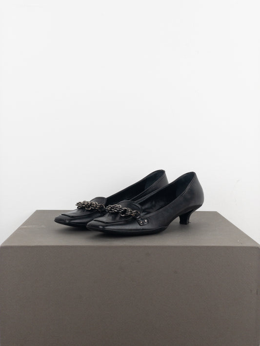 Prada 2000s Square Toe Chain Loafer Pump Kitten Heels