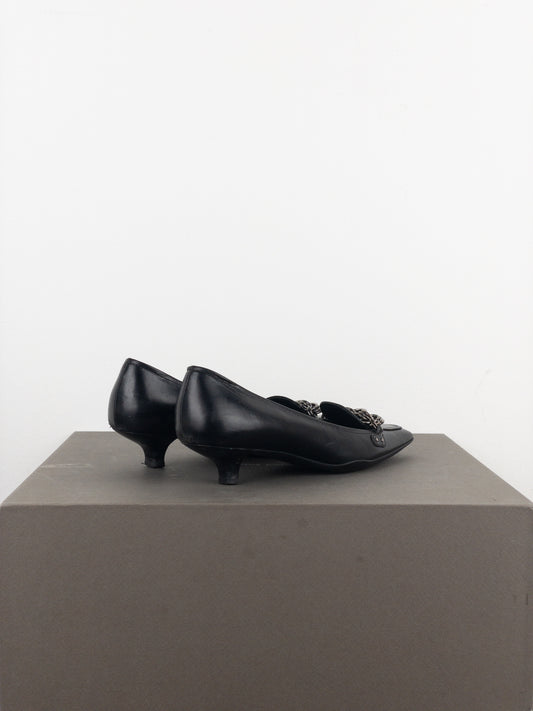 Prada 2000s Square Toe Chain Loafer Pump Kitten Heels
