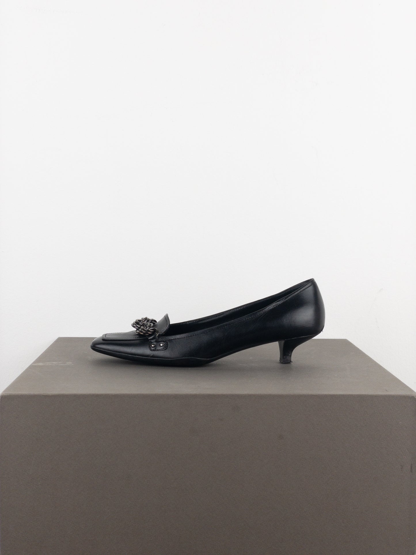 Prada 2000s Square Toe Chain Loafer Pump Kitten Heels