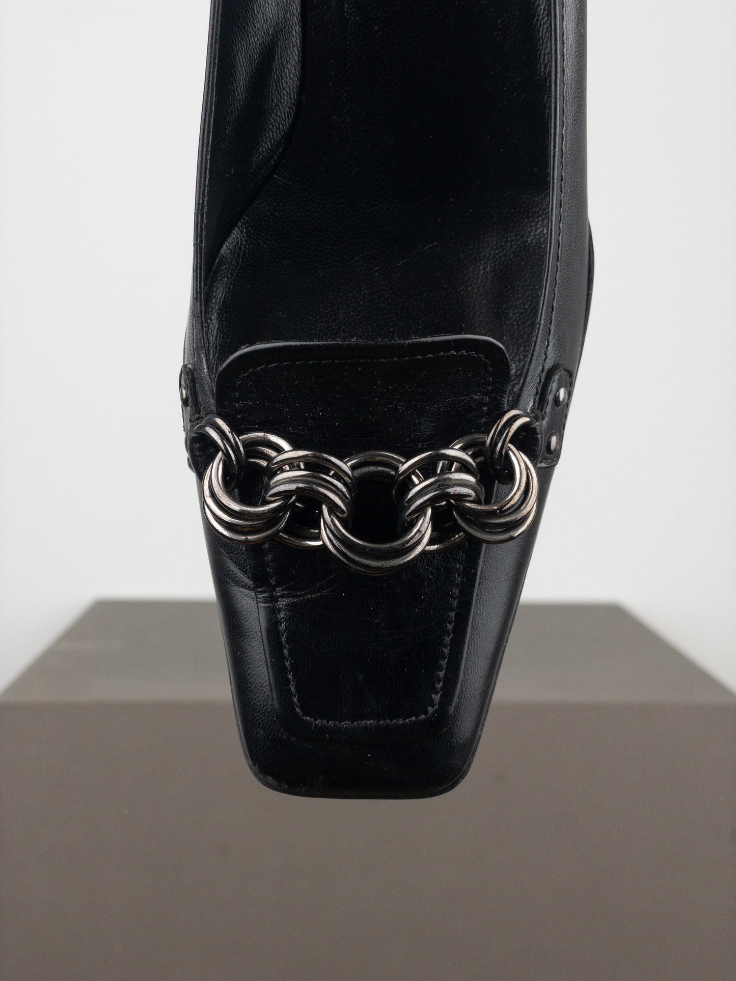 Prada 2000s Square Toe Chain Loafer Pump Kitten Heels