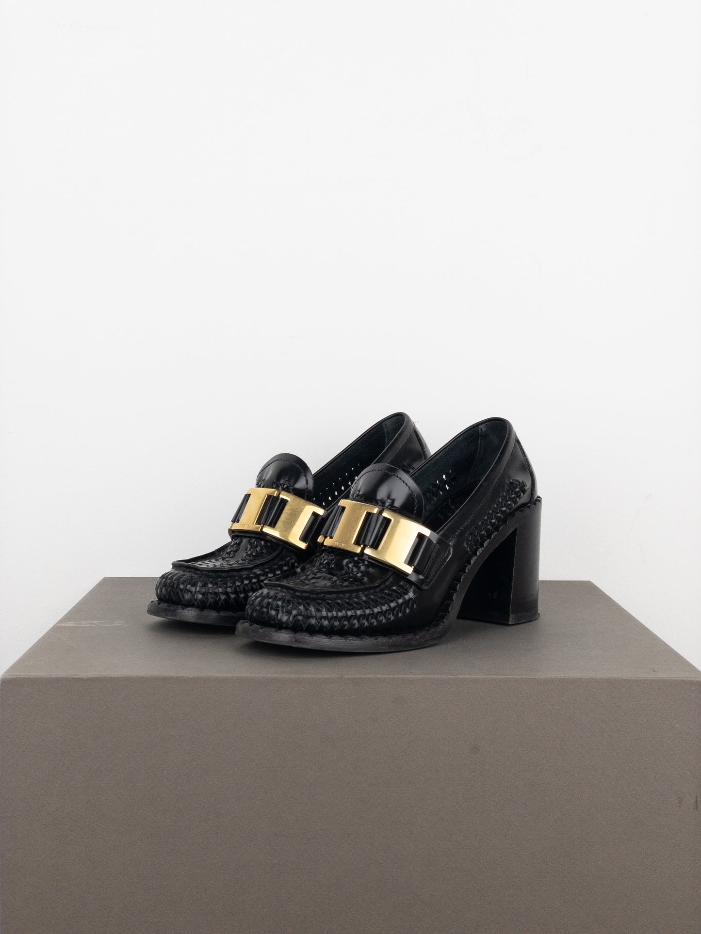 Prada Square Toe Buckle Loafer Pump Heels