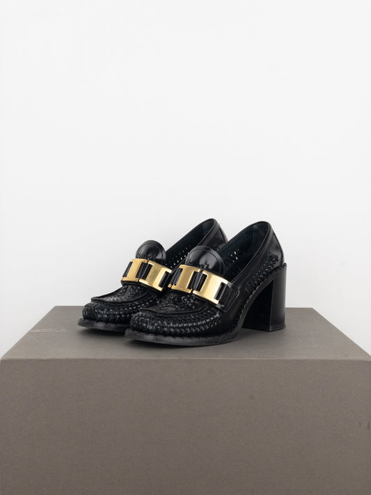 Prada Square Toe Buckle Loafer Pump Heels