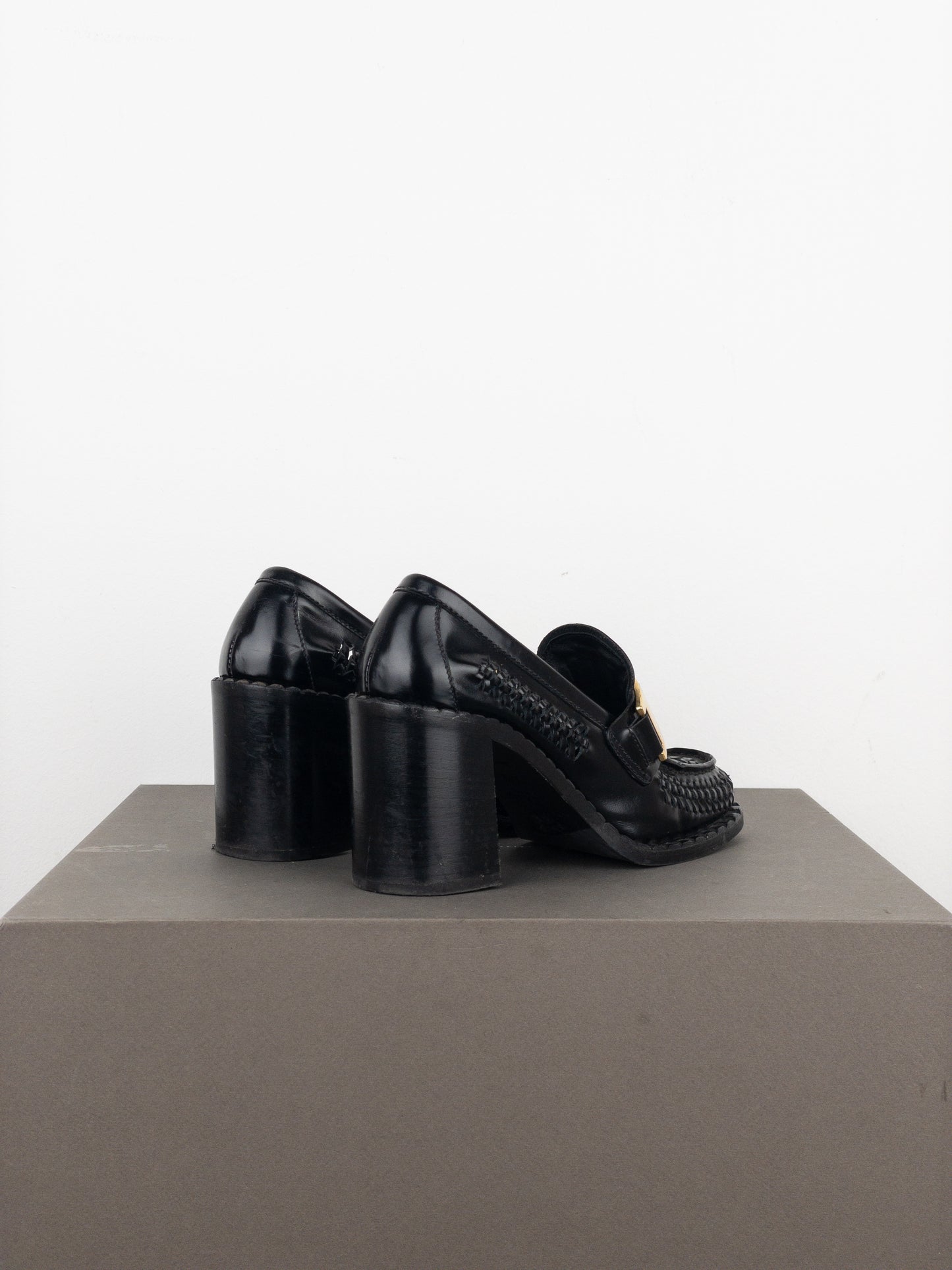 Prada Square Toe Buckle Loafer Pump Heels