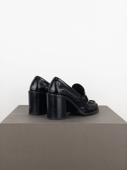 Prada Square Toe Buckle Loafer Pump Heels