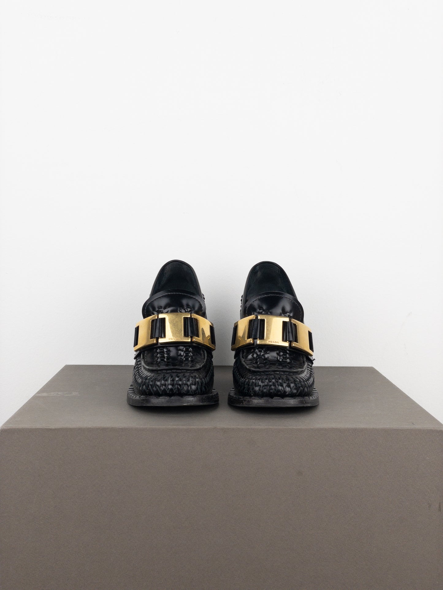 Prada Square Toe Buckle Loafer Pump Heels