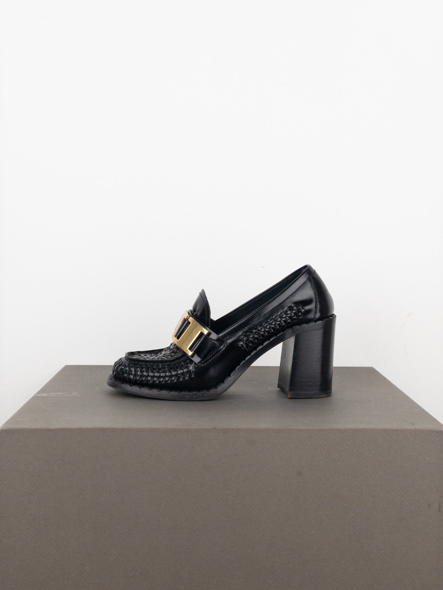 Prada Square Toe Buckle Loafer Pump Heels