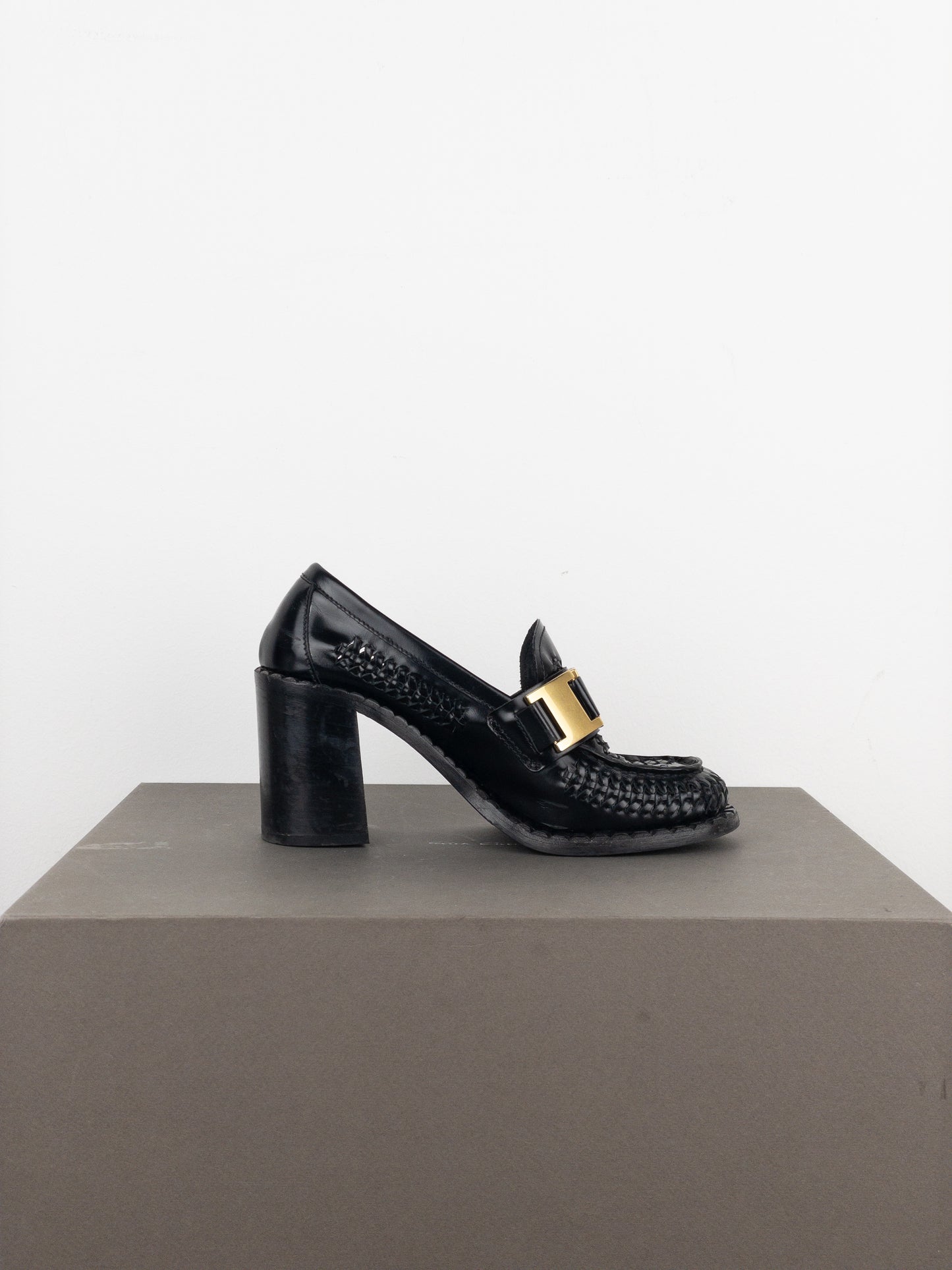 Prada Square Toe Buckle Loafer Pump Heels