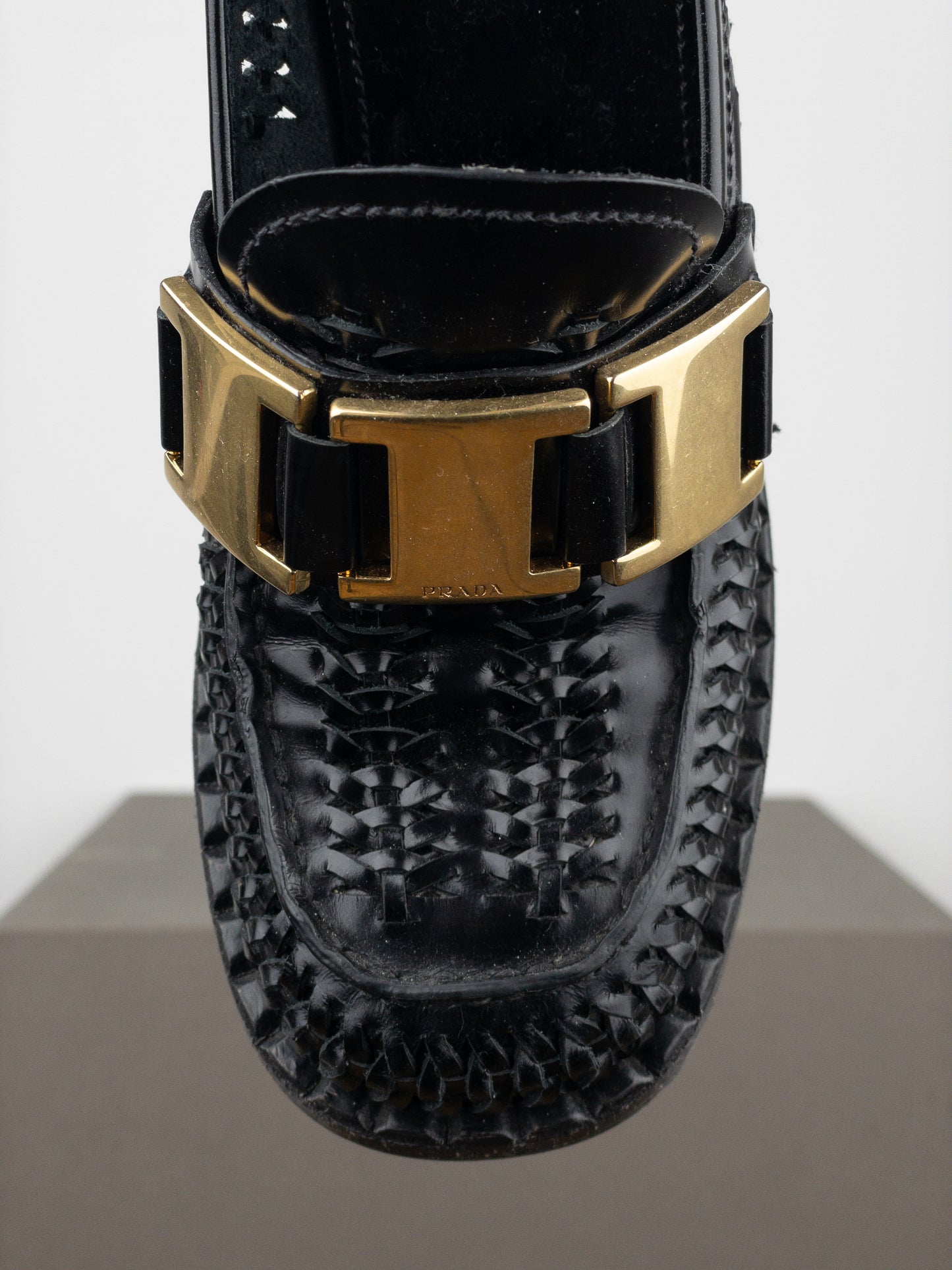 Prada Square Toe Buckle Loafer Pump Heels