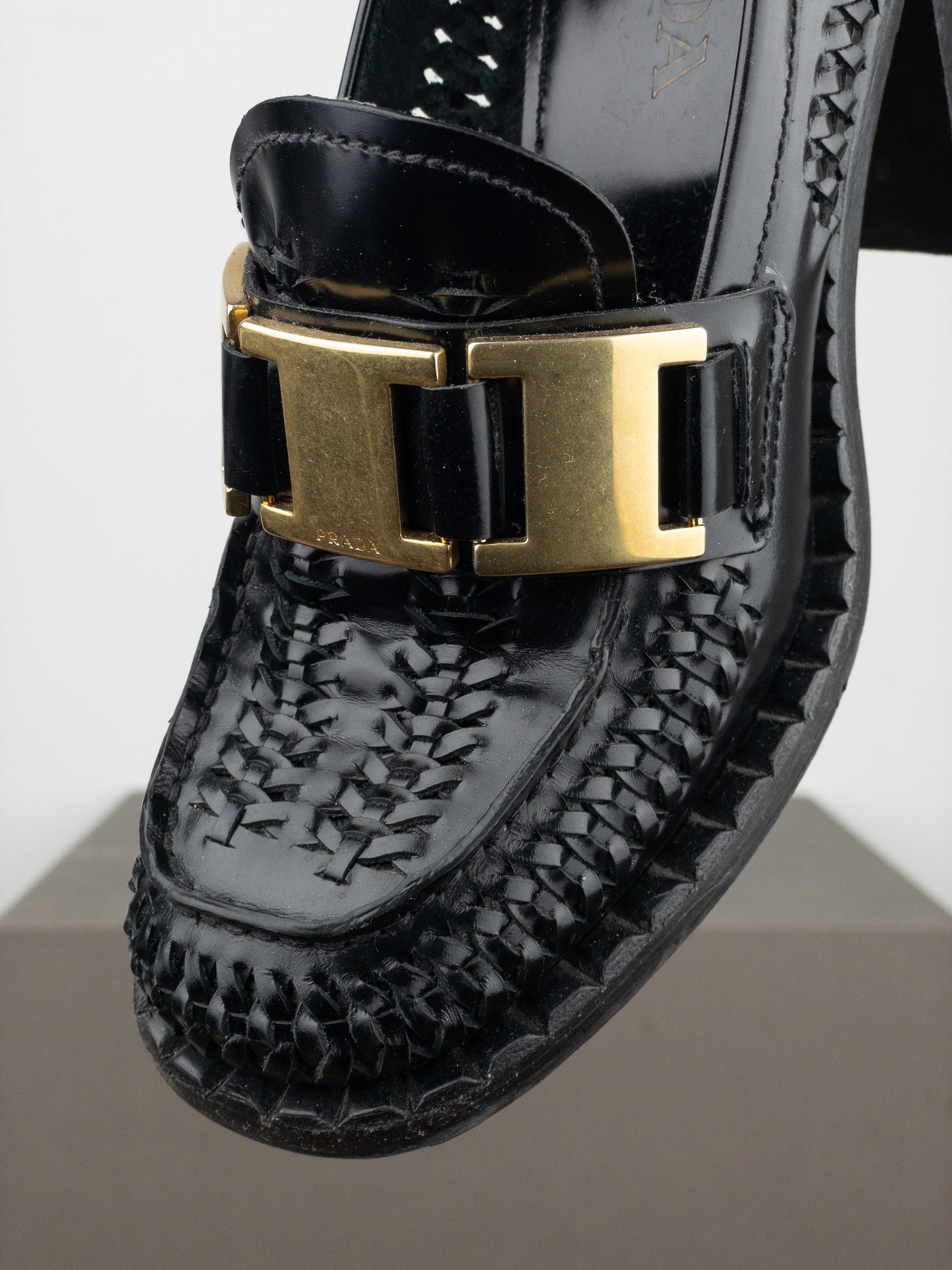 Prada Square Toe Buckle Loafer Pump Heels