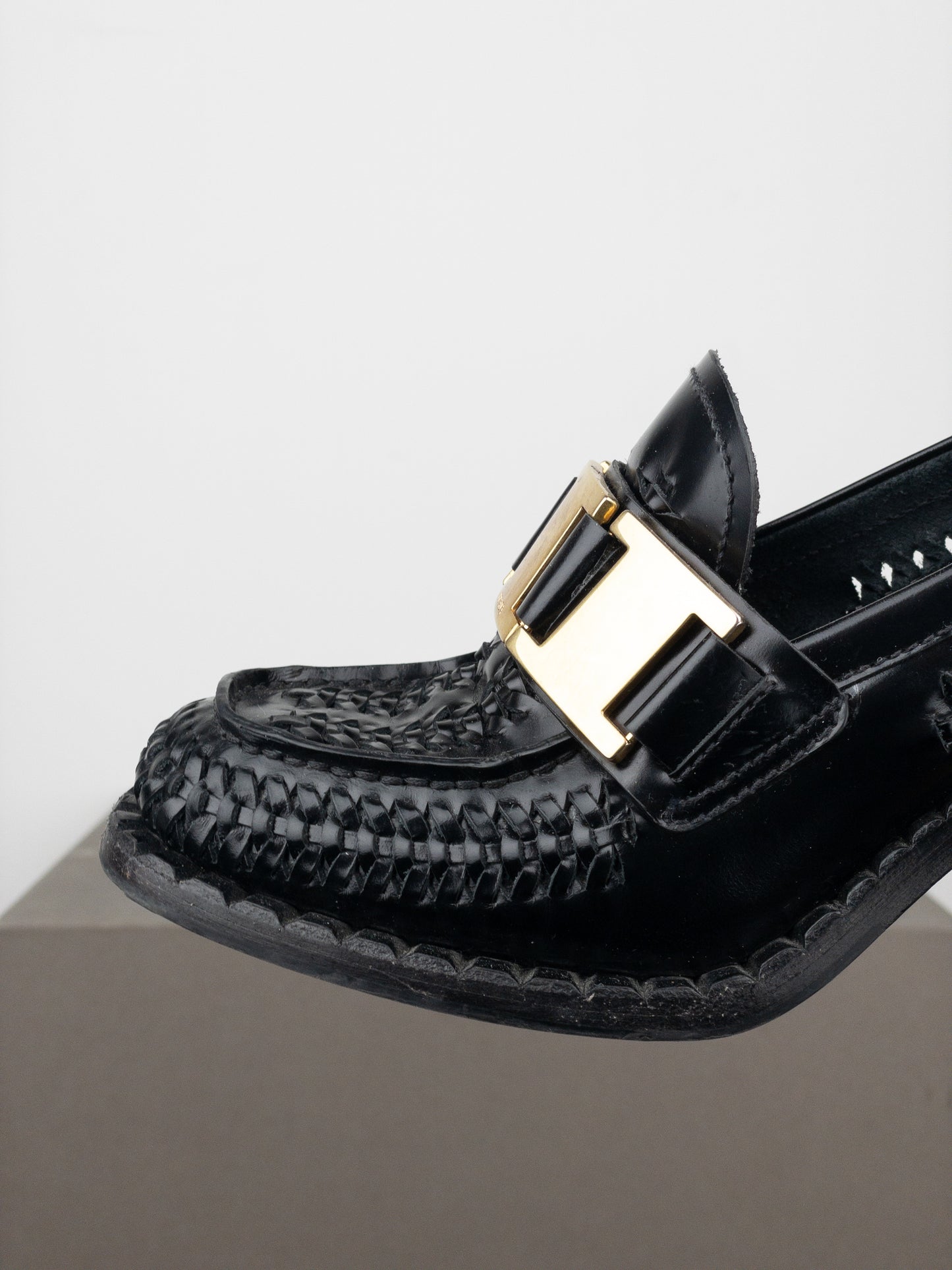Prada Square Toe Buckle Loafer Pump Heels