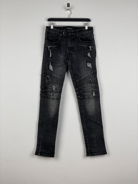 Balmain Repaired Biker Denim Jeans