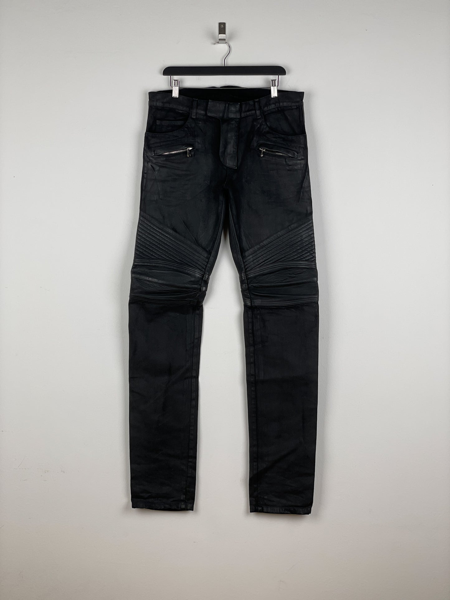 Balmain Leather-Panel Coated Biker Denim Jeans