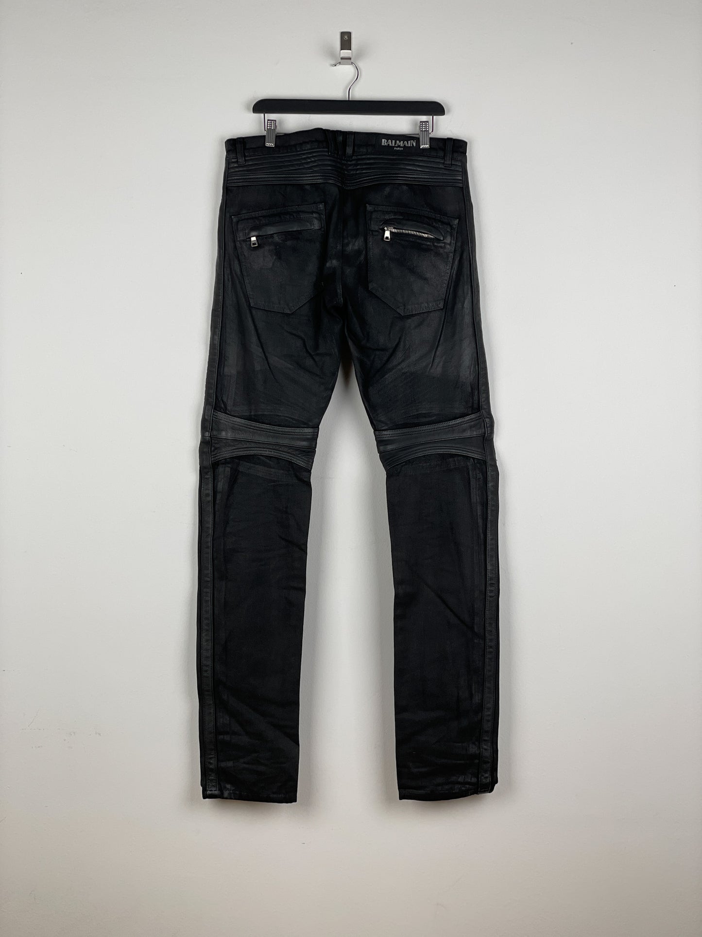 Balmain Leather-Panel Coated Biker Denim Jeans