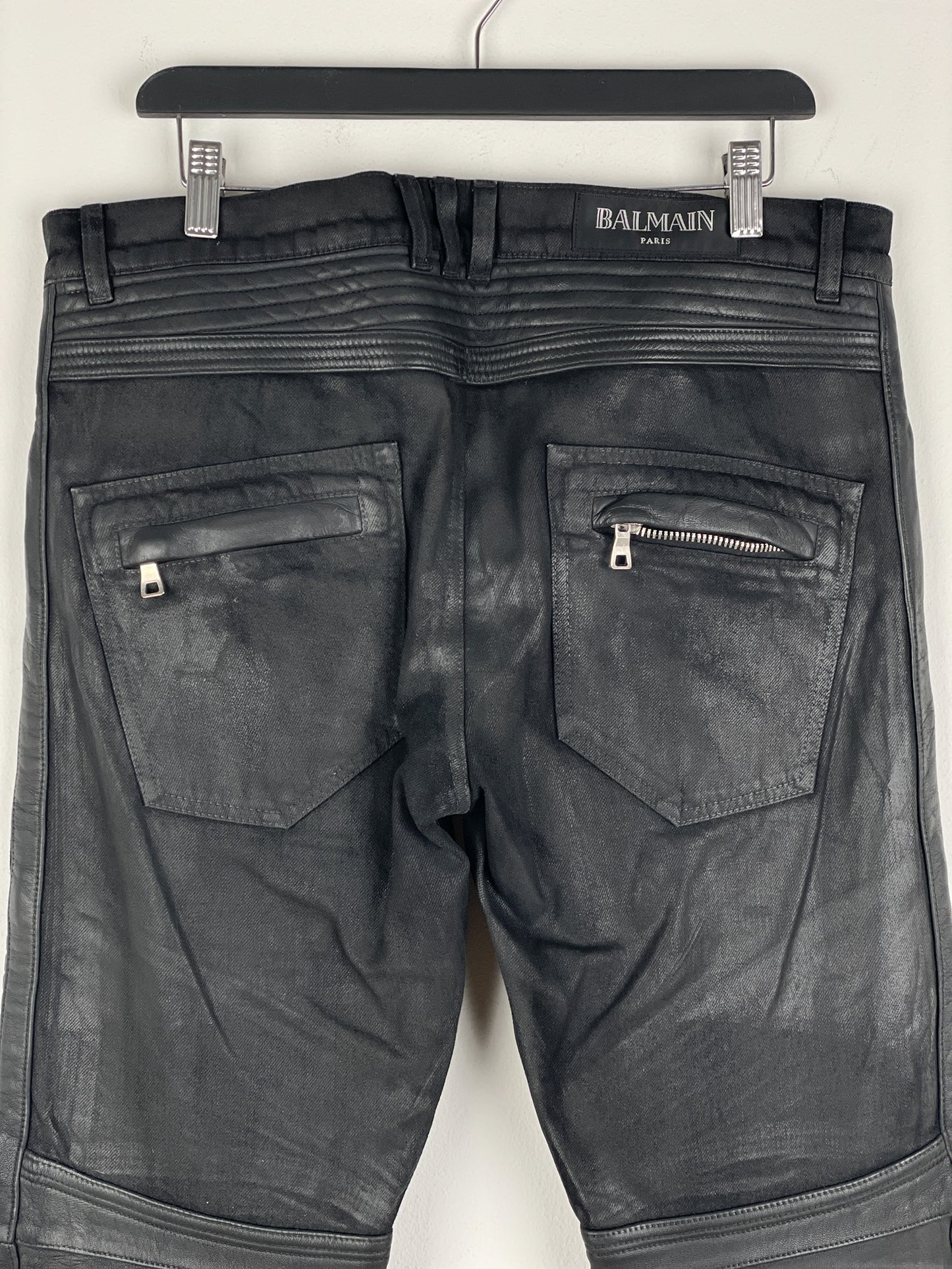 Balmain Leather-Panel Coated Biker Denim Jeans