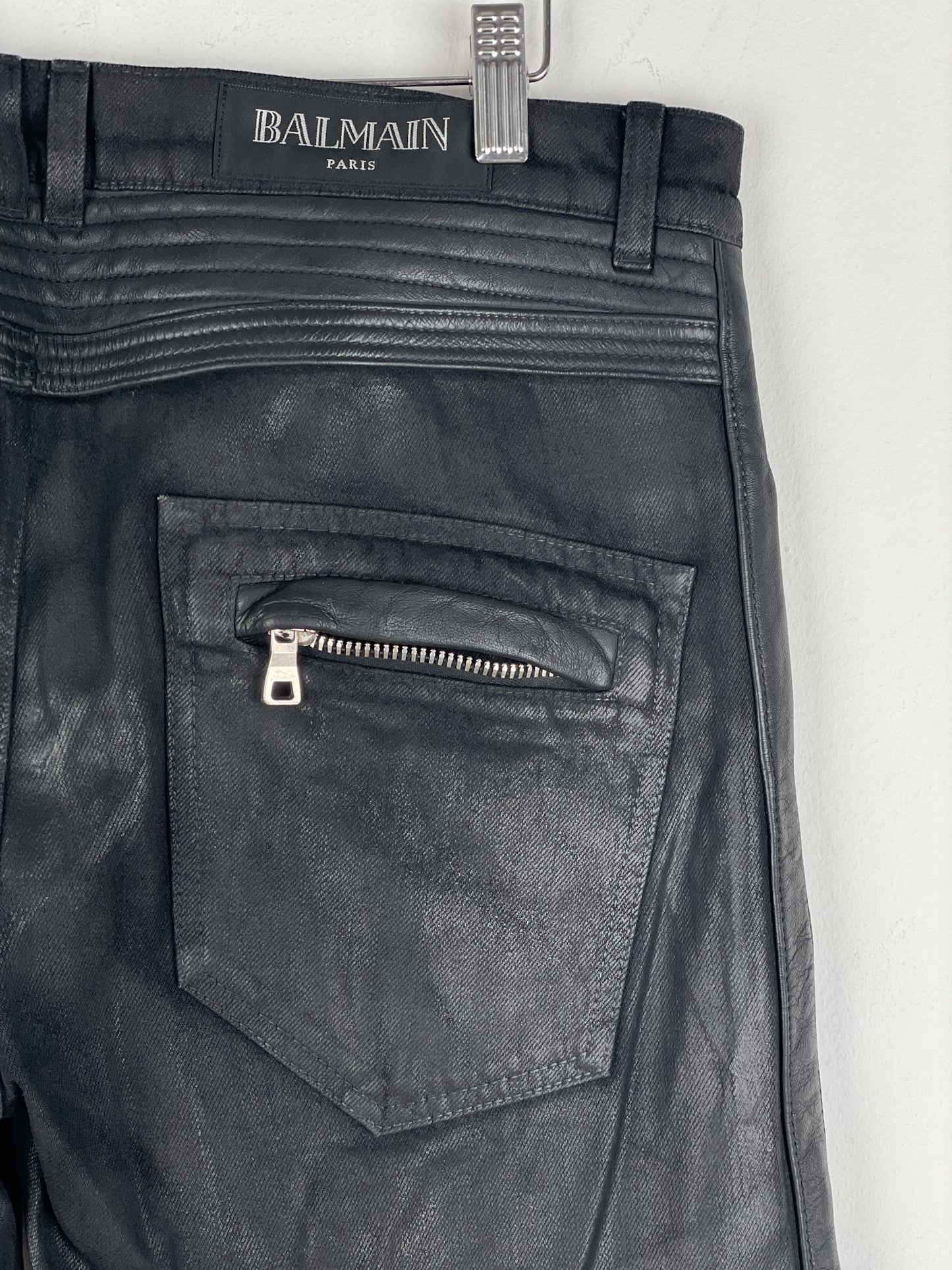 Balmain Leather-Panel Coated Biker Denim Jeans