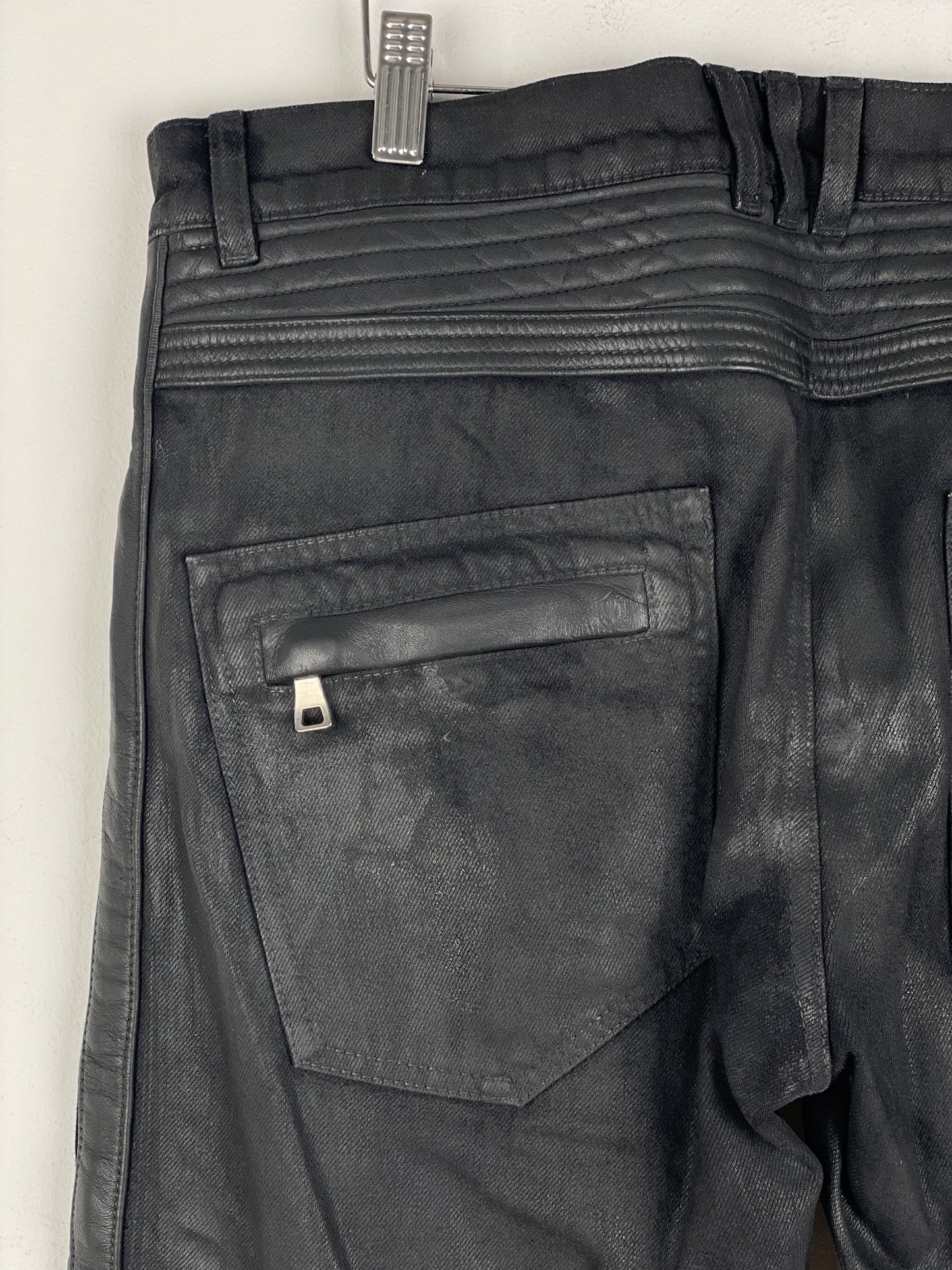 Balmain Leather-Panel Coated Biker Denim Jeans