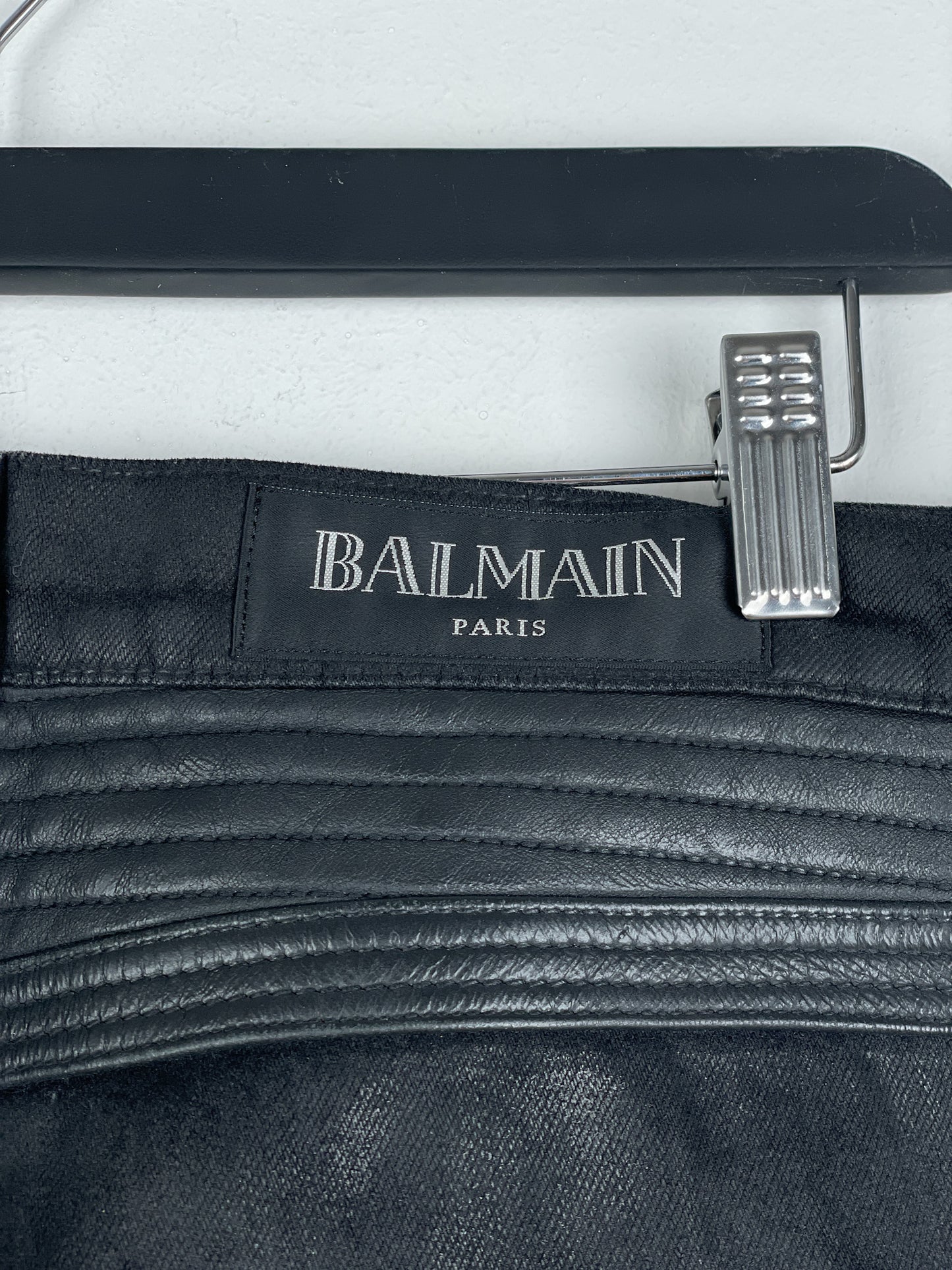 Balmain Leather-Panel Coated Biker Denim Jeans