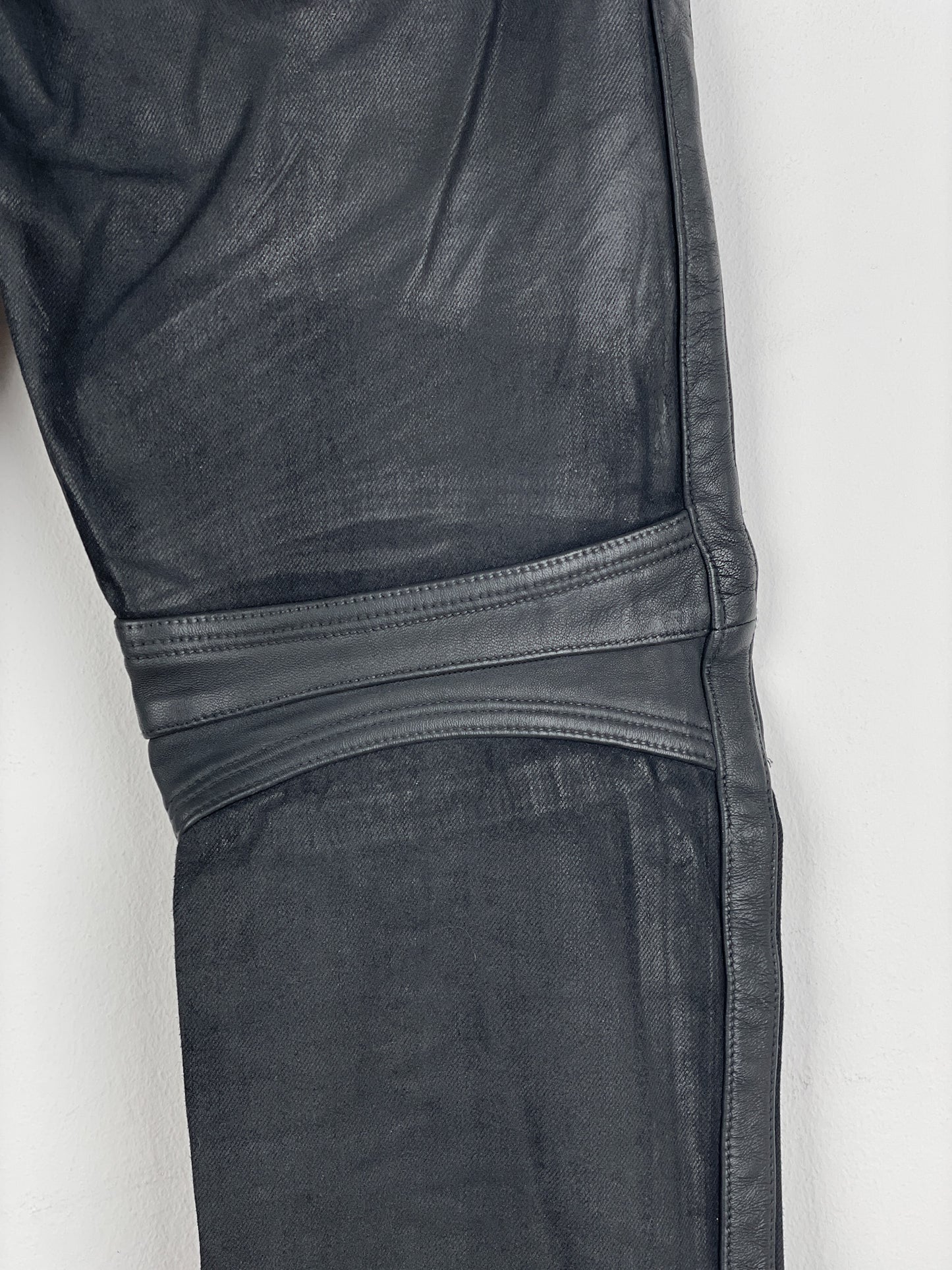 Balmain Leather-Panel Coated Biker Denim Jeans