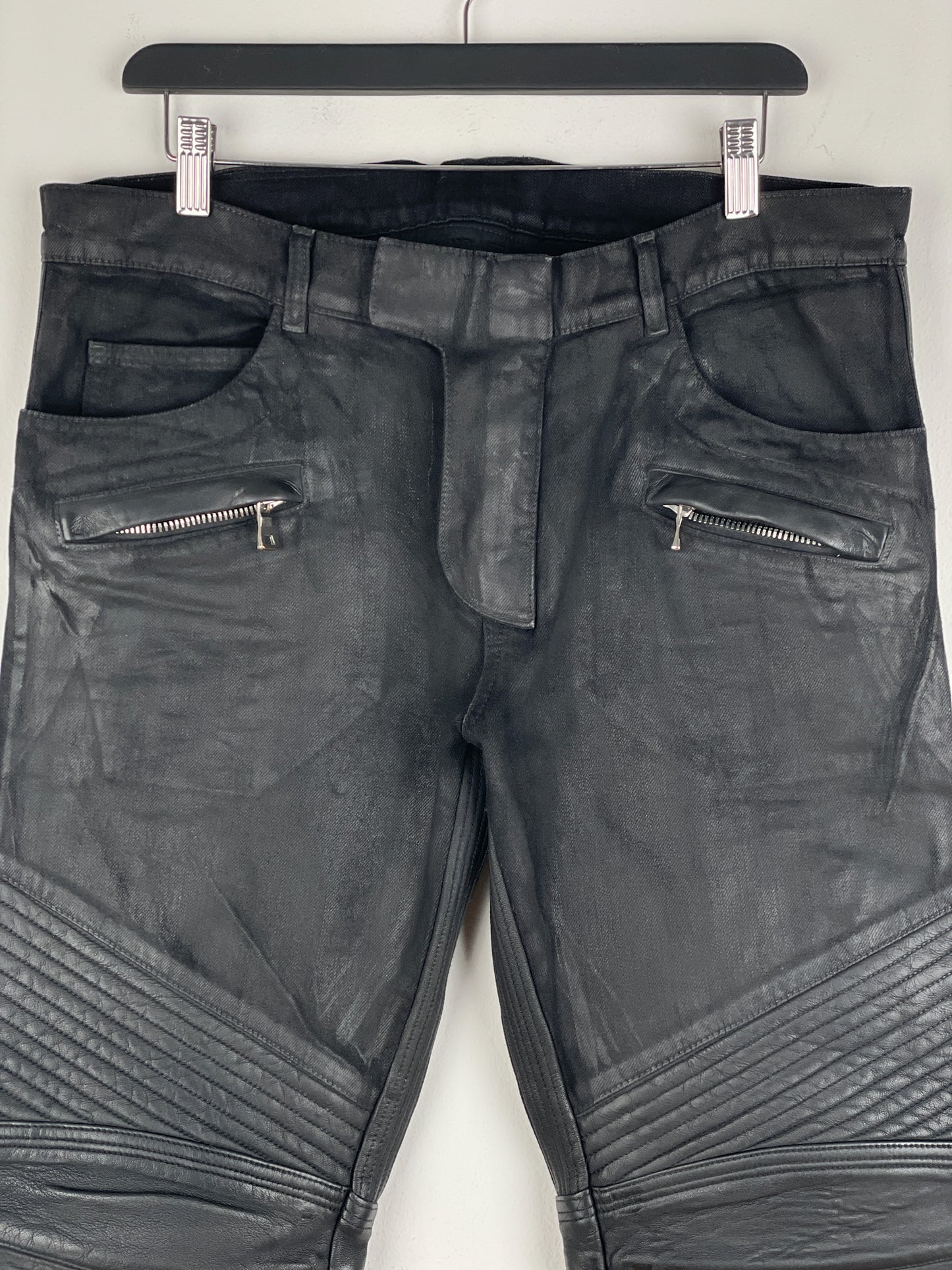 Balmain Leather-Panel Coated Biker Denim Jeans