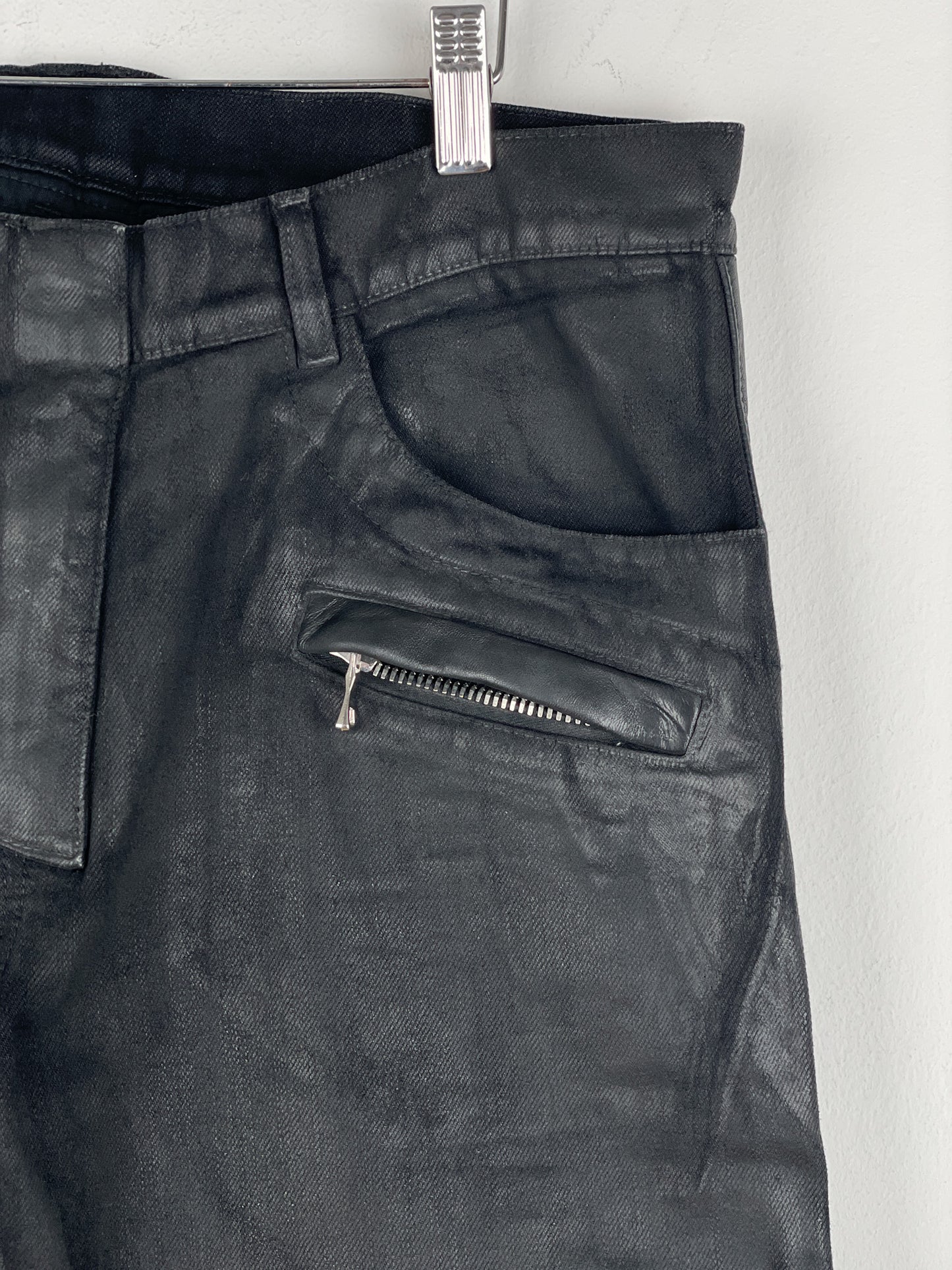 Balmain Leather-Panel Coated Biker Denim Jeans