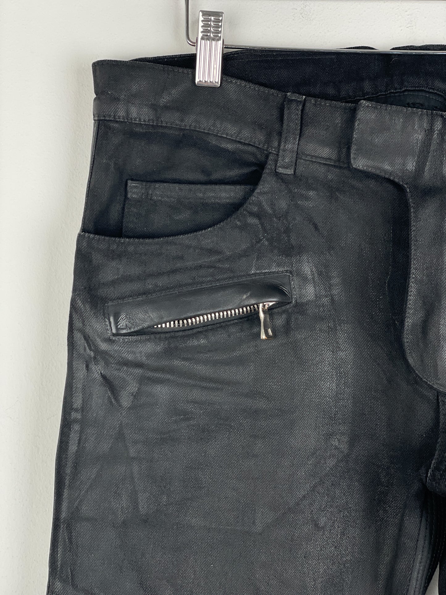 Balmain Leather-Panel Coated Biker Denim Jeans