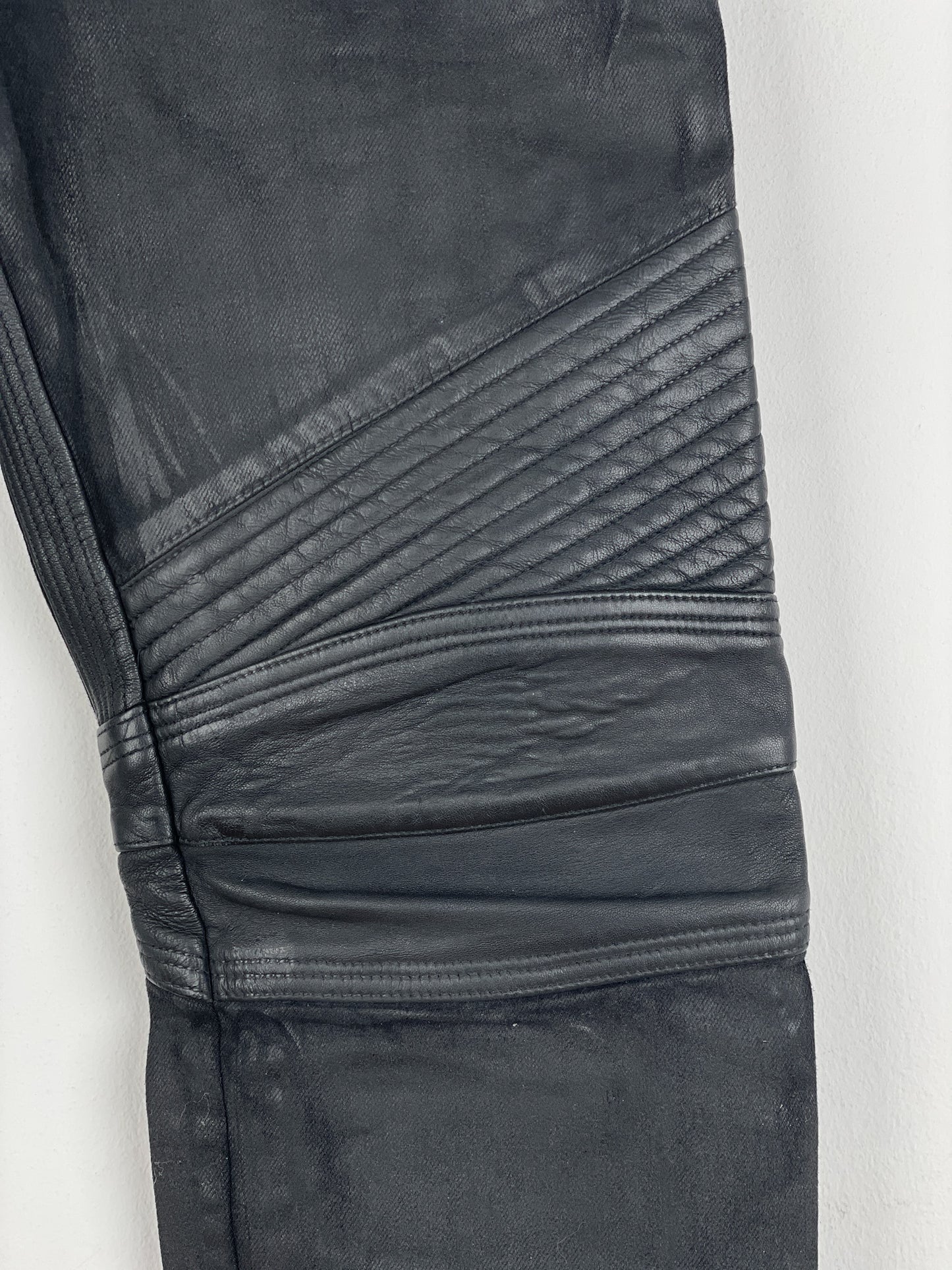 Balmain Leather-Panel Coated Biker Denim Jeans