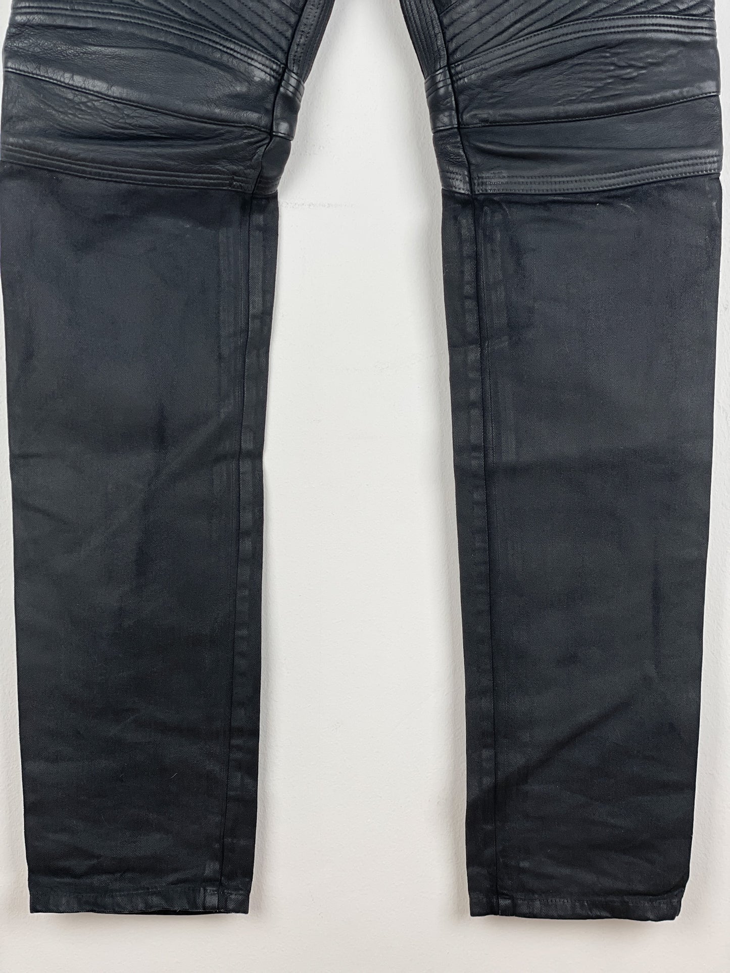 Balmain Leather-Panel Coated Biker Denim Jeans