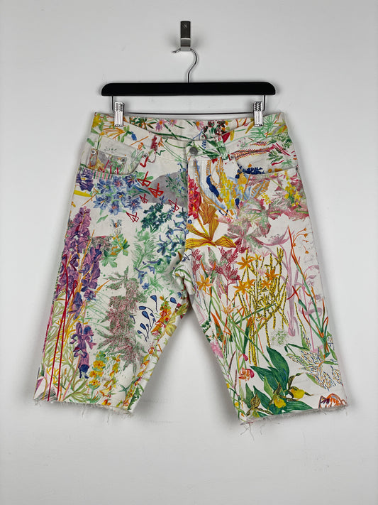 Helmut Lang SS05 Swiss Floral Print Denim Shorts