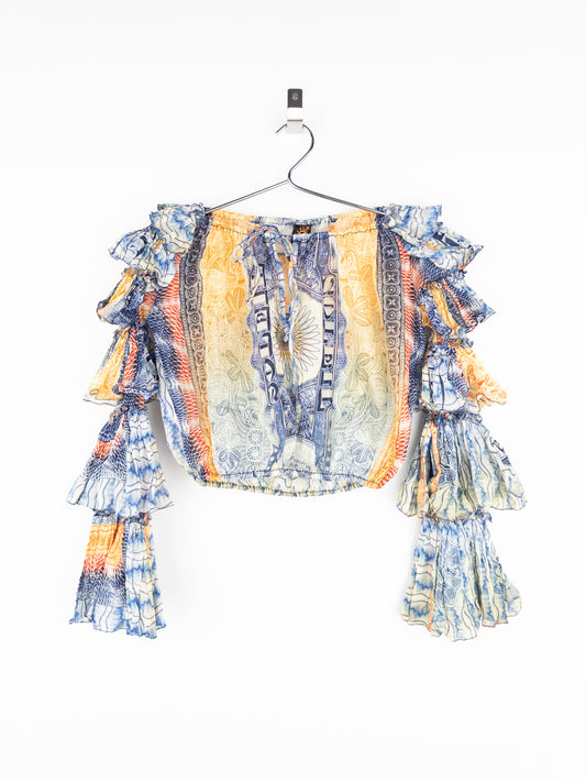 Jean Paul Gaultier SS94 Bank Note Money Print Ruffle Chiffon Longsleeve Crop Top