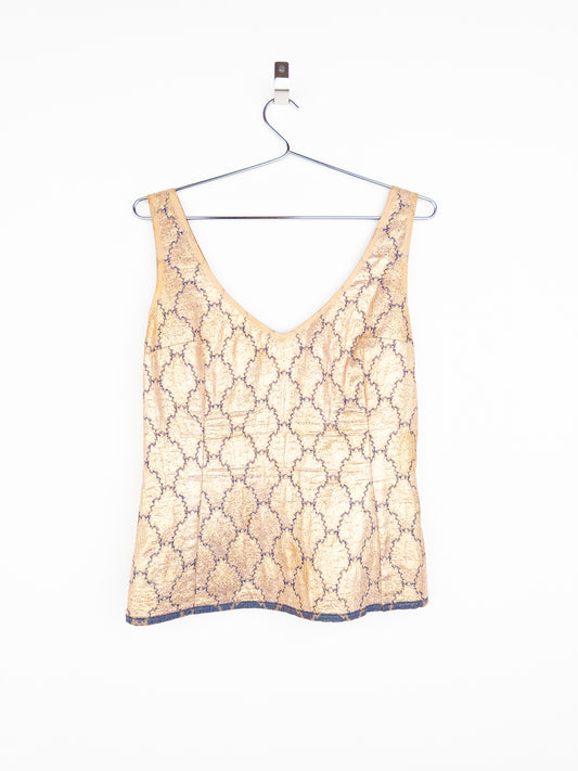 Prada SS02 Gold-Colored Silk Brocade Tank Top and Midi Skirt Set