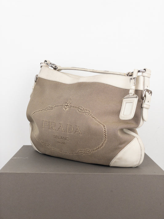 Prada 2000s Jacquard Canvas Hobo Shoulder Bag