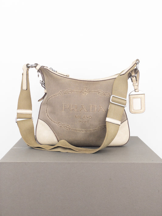 Prada 2000s Jacquard Canvas Crossbody Bag (beige, white)