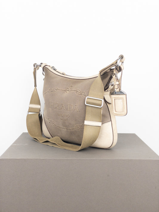 Prada 2000s Jacquard Canvas Crossbody Bag (beige, white)