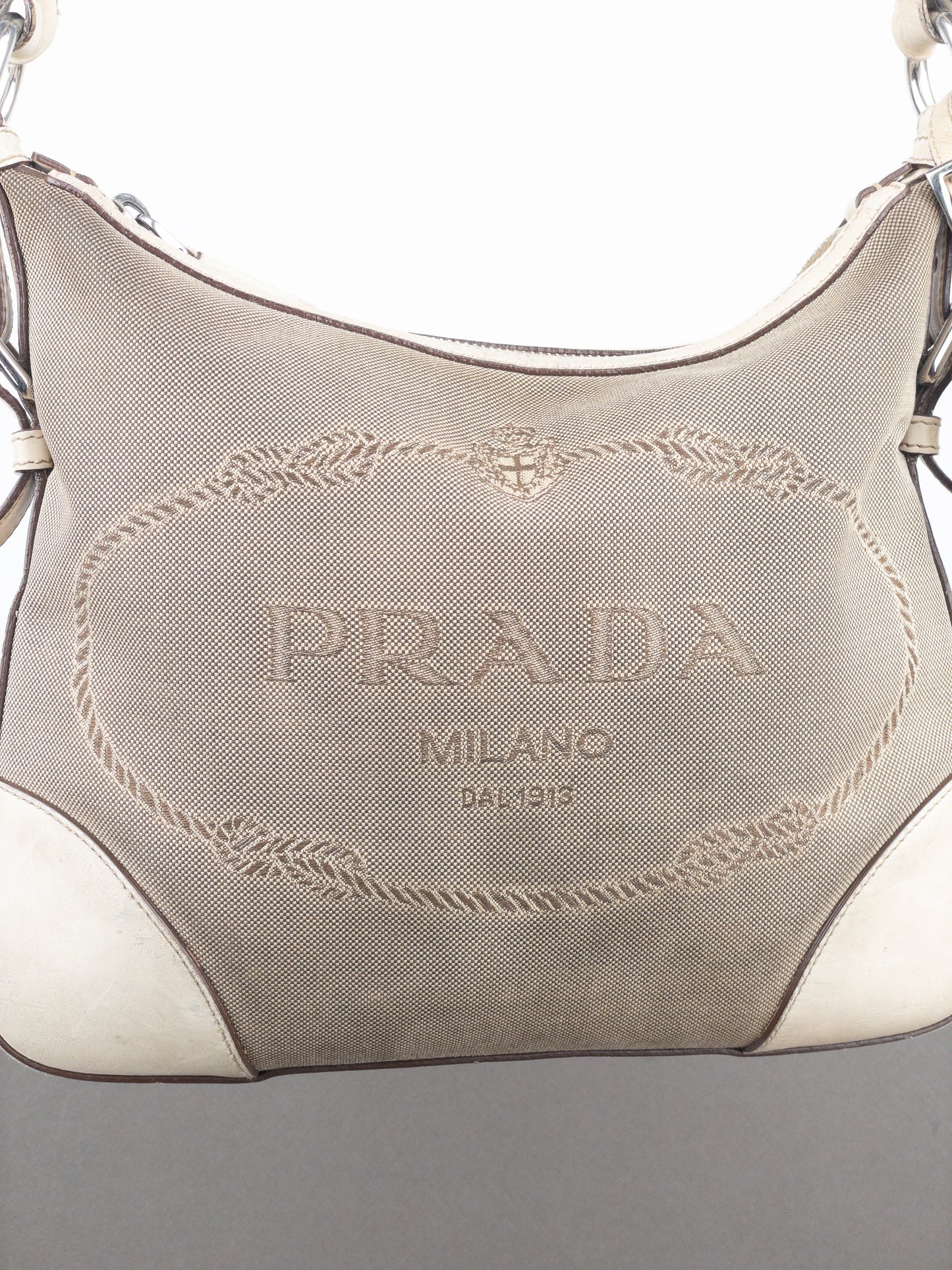 Prada 2000s Jacquard Canvas Crossbody Bag (beige, white)