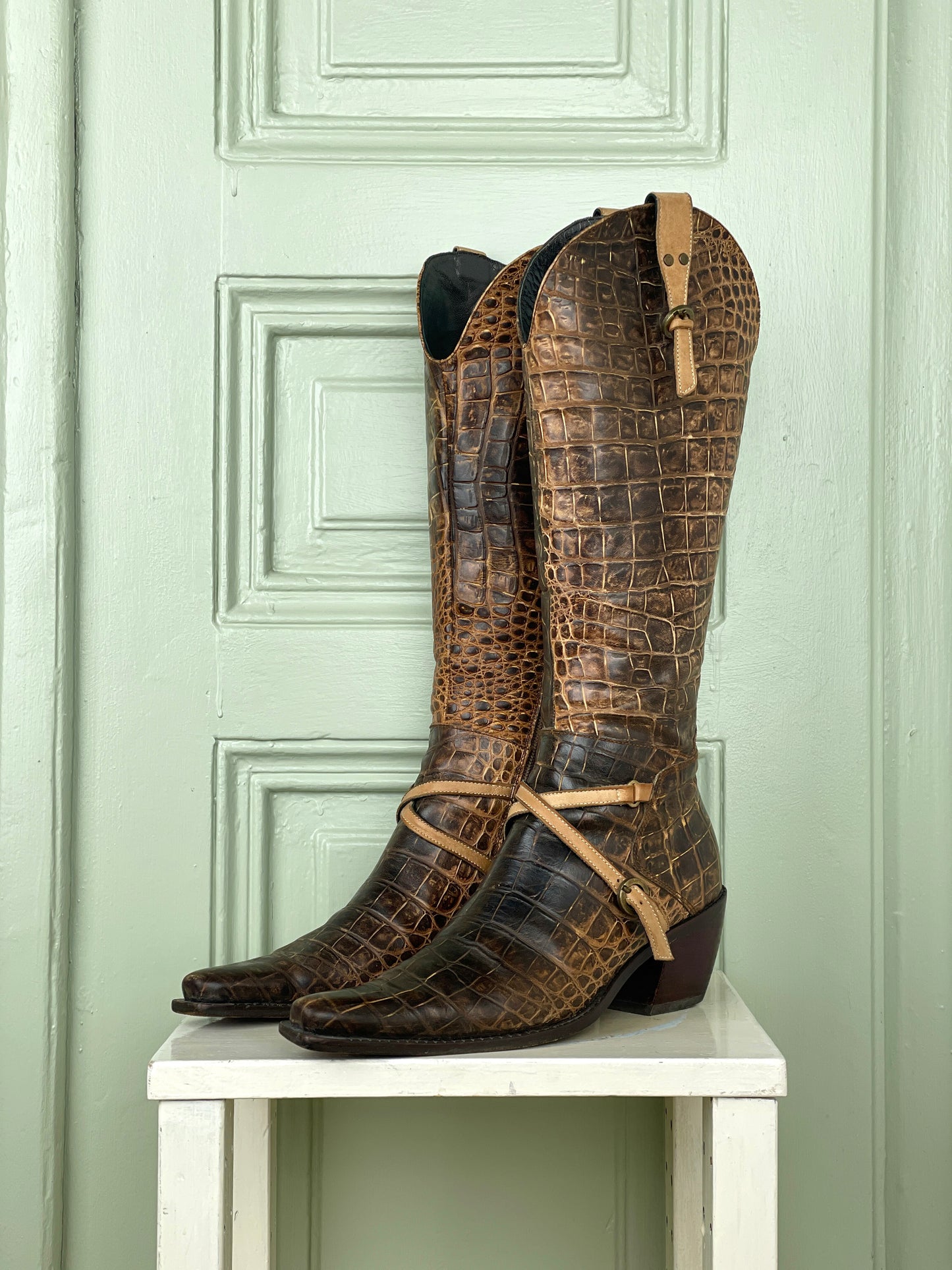 Prada 90s Crocodile-Texture Harness Cowboy Boots