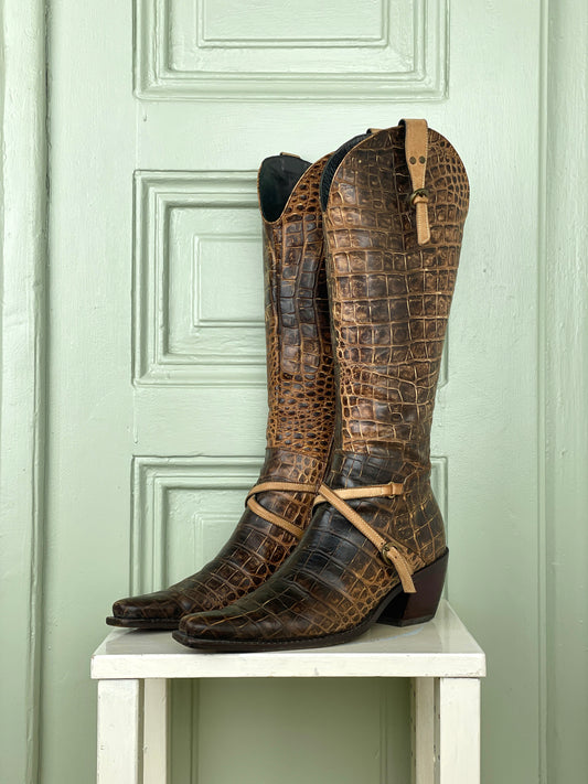 Prada 90s Crocodile-Texture Harness Cowboy Boots