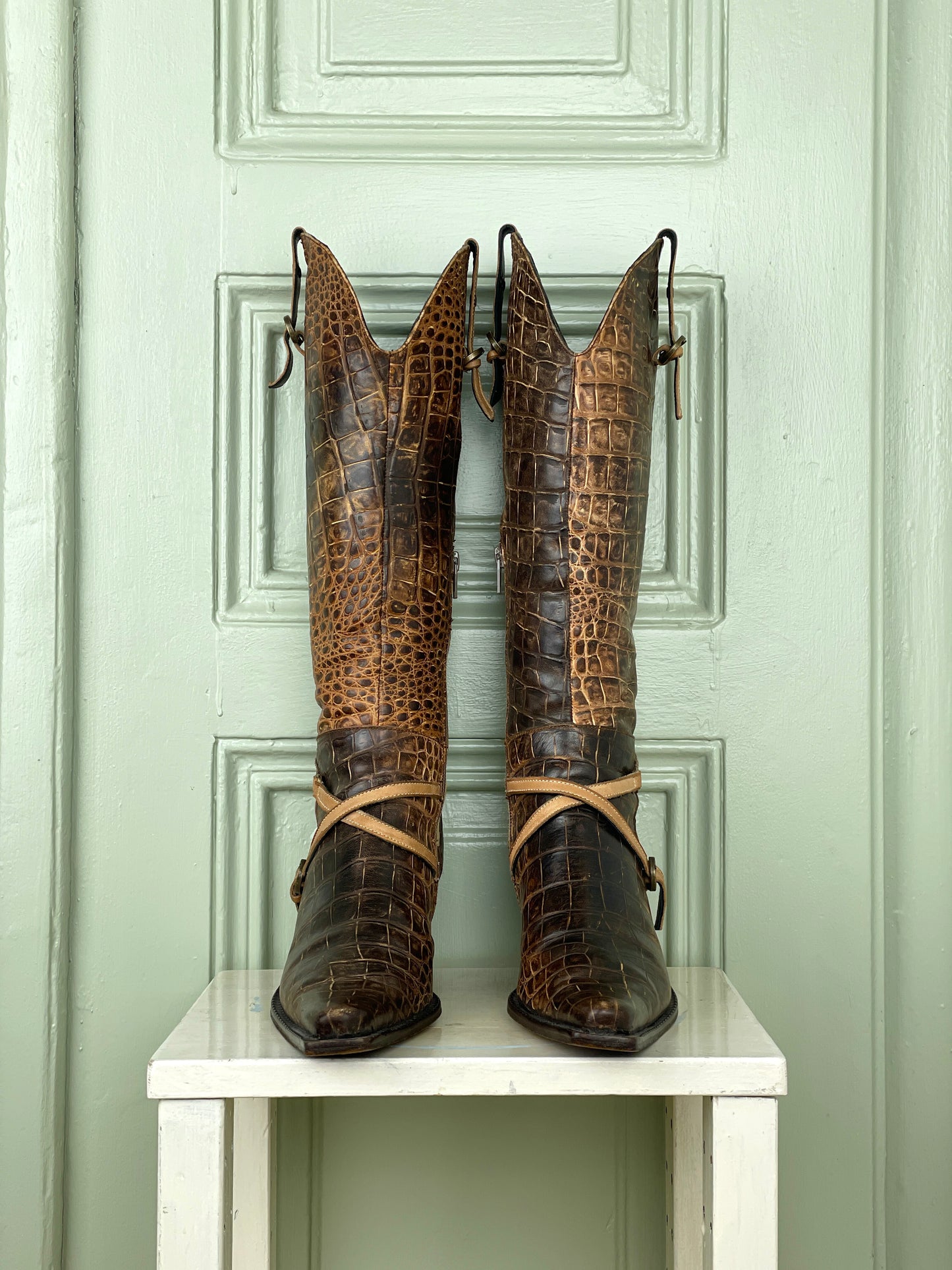 Prada 90s Crocodile-Texture Harness Cowboy Boots