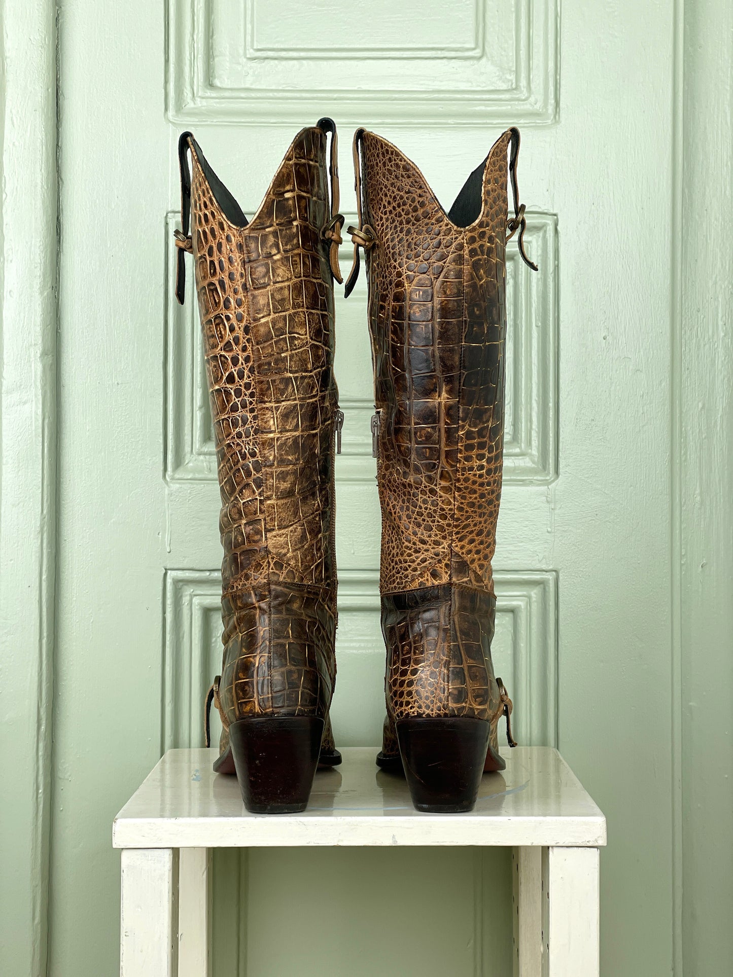 Prada 90s Crocodile-Texture Harness Cowboy Boots