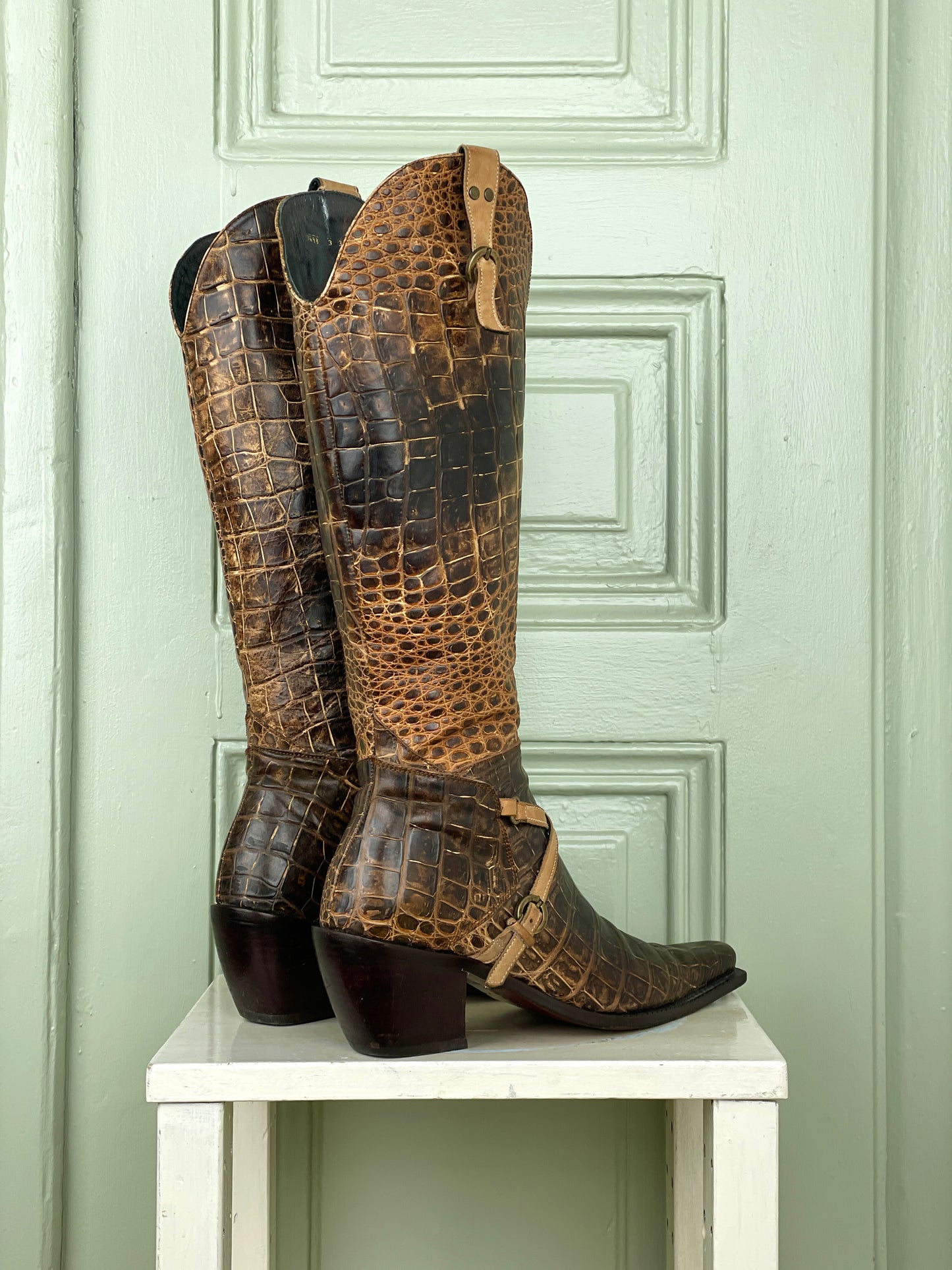Prada 90s Crocodile-Texture Harness Cowboy Boots