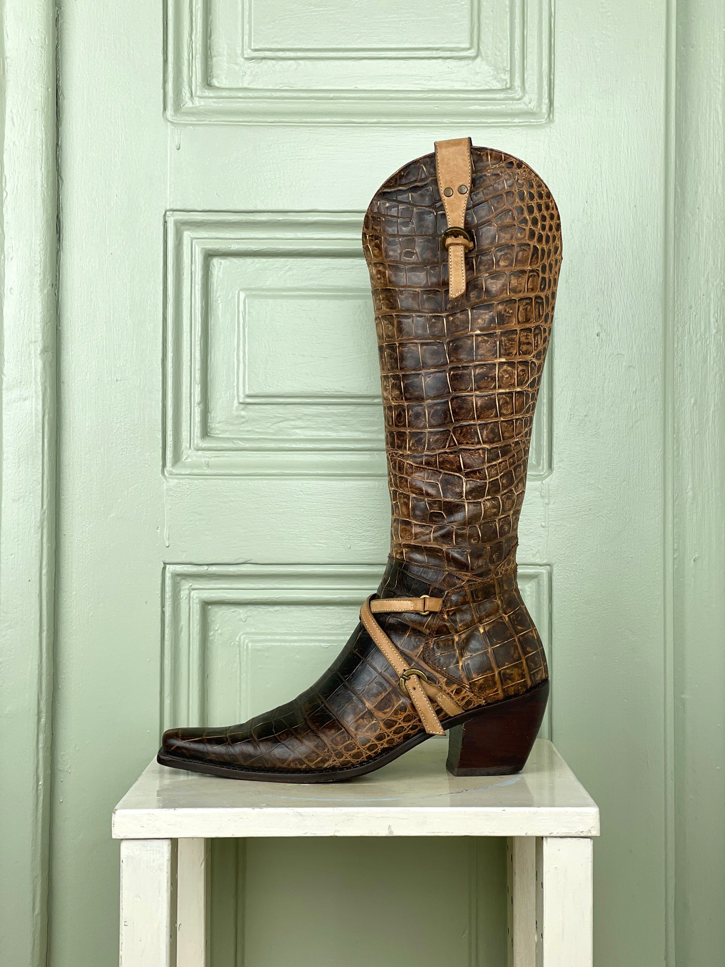 Prada 90s Crocodile-Texture Harness Cowboy Boots