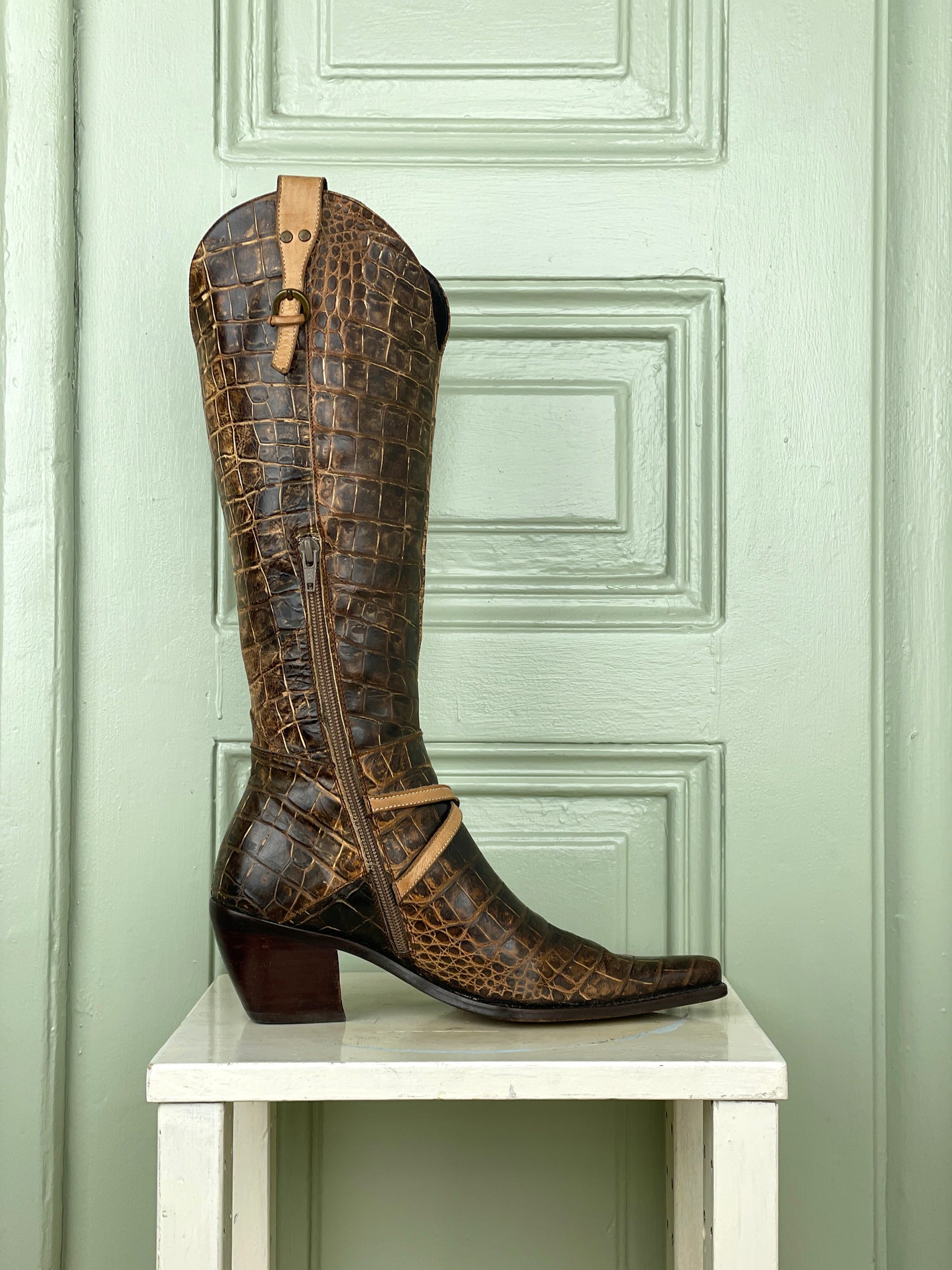 Prada 90s Crocodile-Texture Harness Cowboy Boots