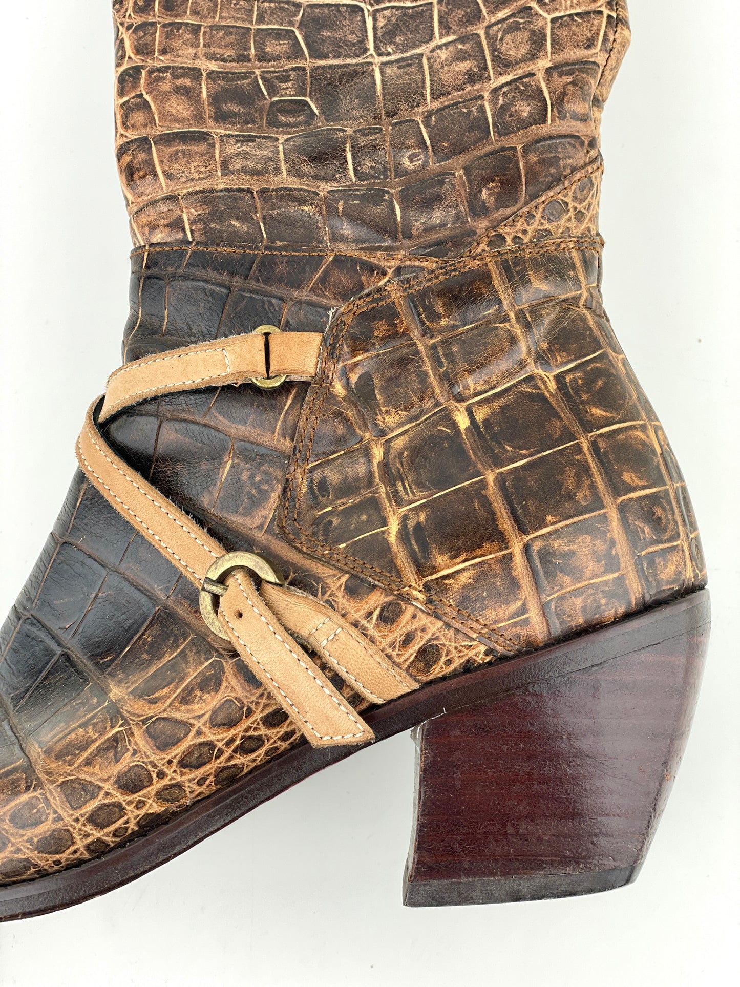 Prada 90s Crocodile-Texture Harness Cowboy Boots