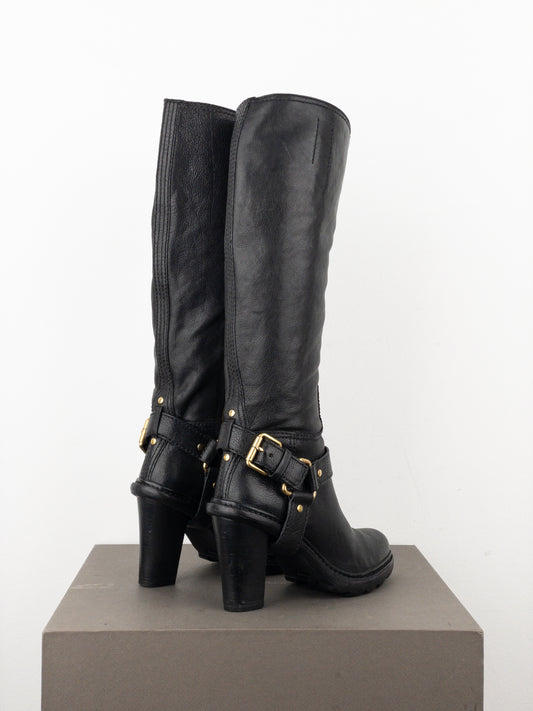 Prada 2000s Knee-High Buckle Biker Heel Boots