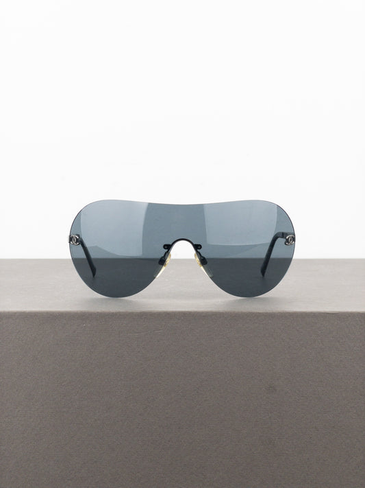 Chanel 2000s ‘108/87’ CC Rimless Aviator Wrap Mask Shield Sunglasses