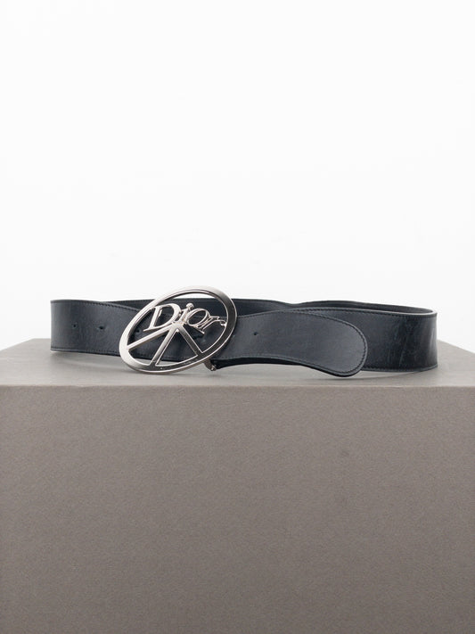 Dior by Galliano SS05 Peace Sign Logo Buckle Leather Belt