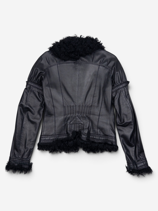 Roberto Cavalli 2000s Fur Trim Stitched Leather Jacket – back view