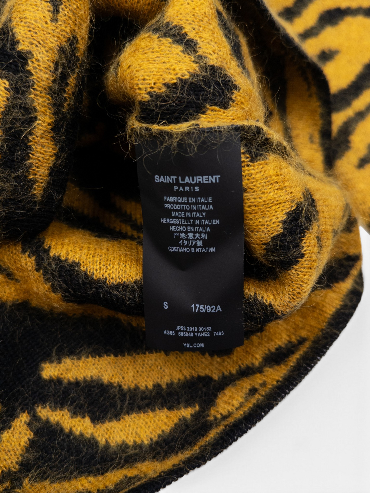 Saint Laurent AW19 Fuzzy Tiger Stripe Print Knit Sweater – brand label